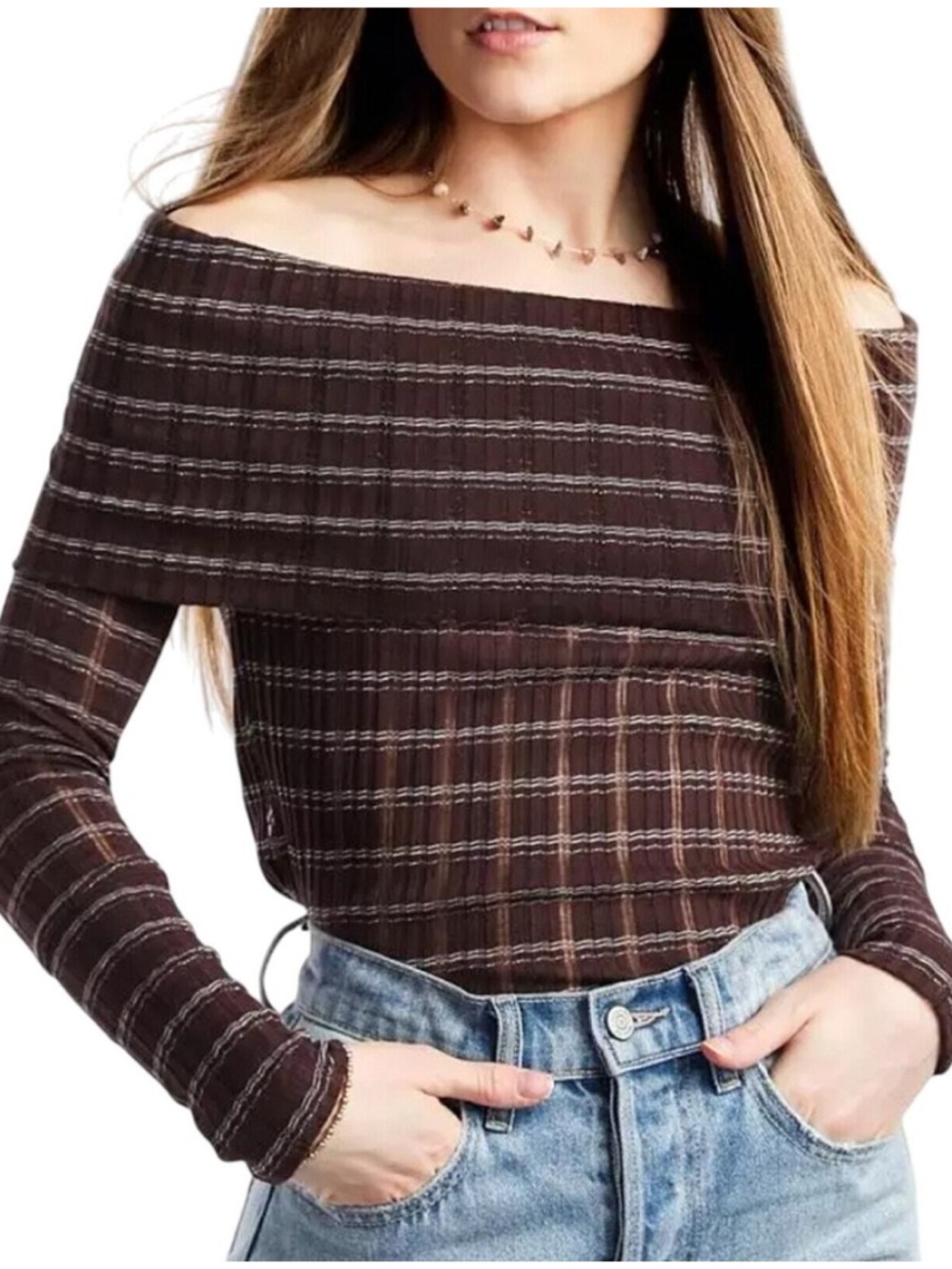 Free People Mauve Plaid Cowl Neck Sweater
